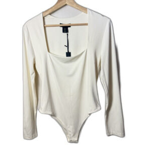 House of Harlow Bodysuit Womens Large Cream Long Sleeve Square Neck Basic Casual